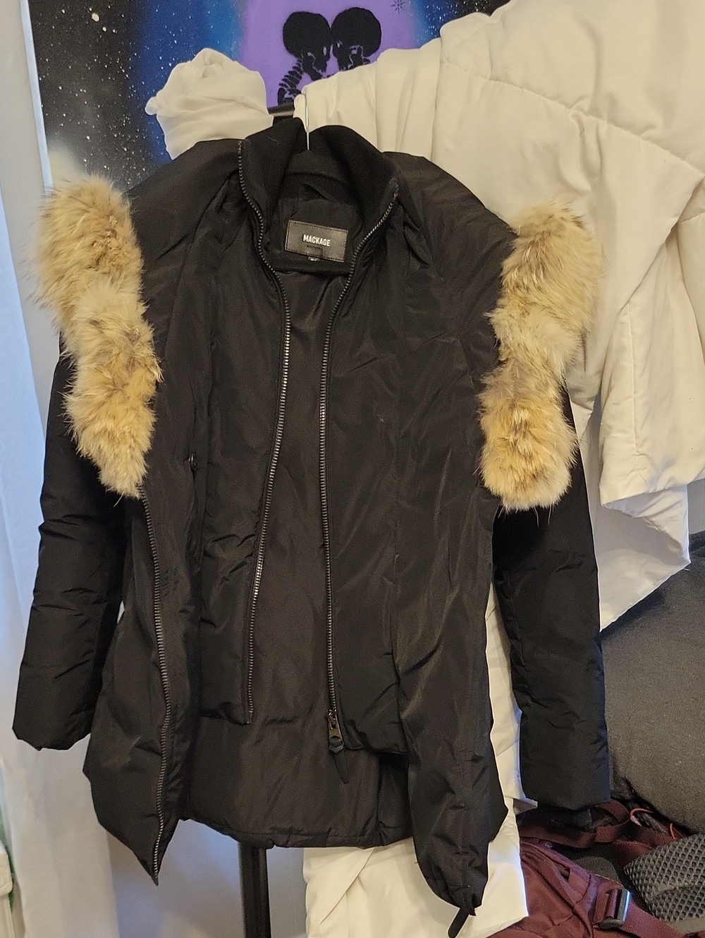 Mackage Black Down Jacket with Faux Fur Trim